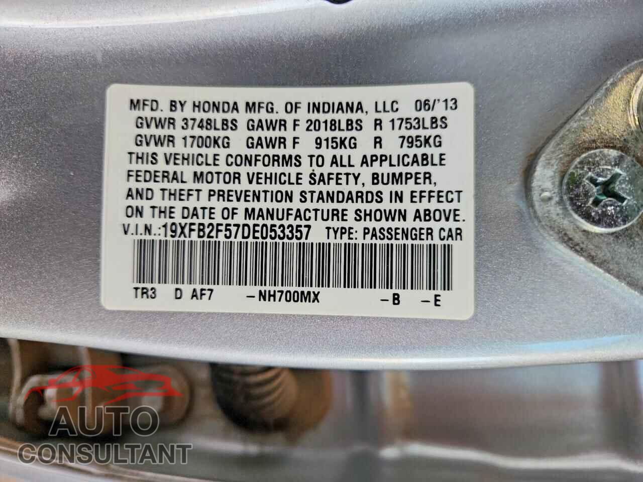 HONDA CIVIC 2013 - 19XFB2F57DE053357