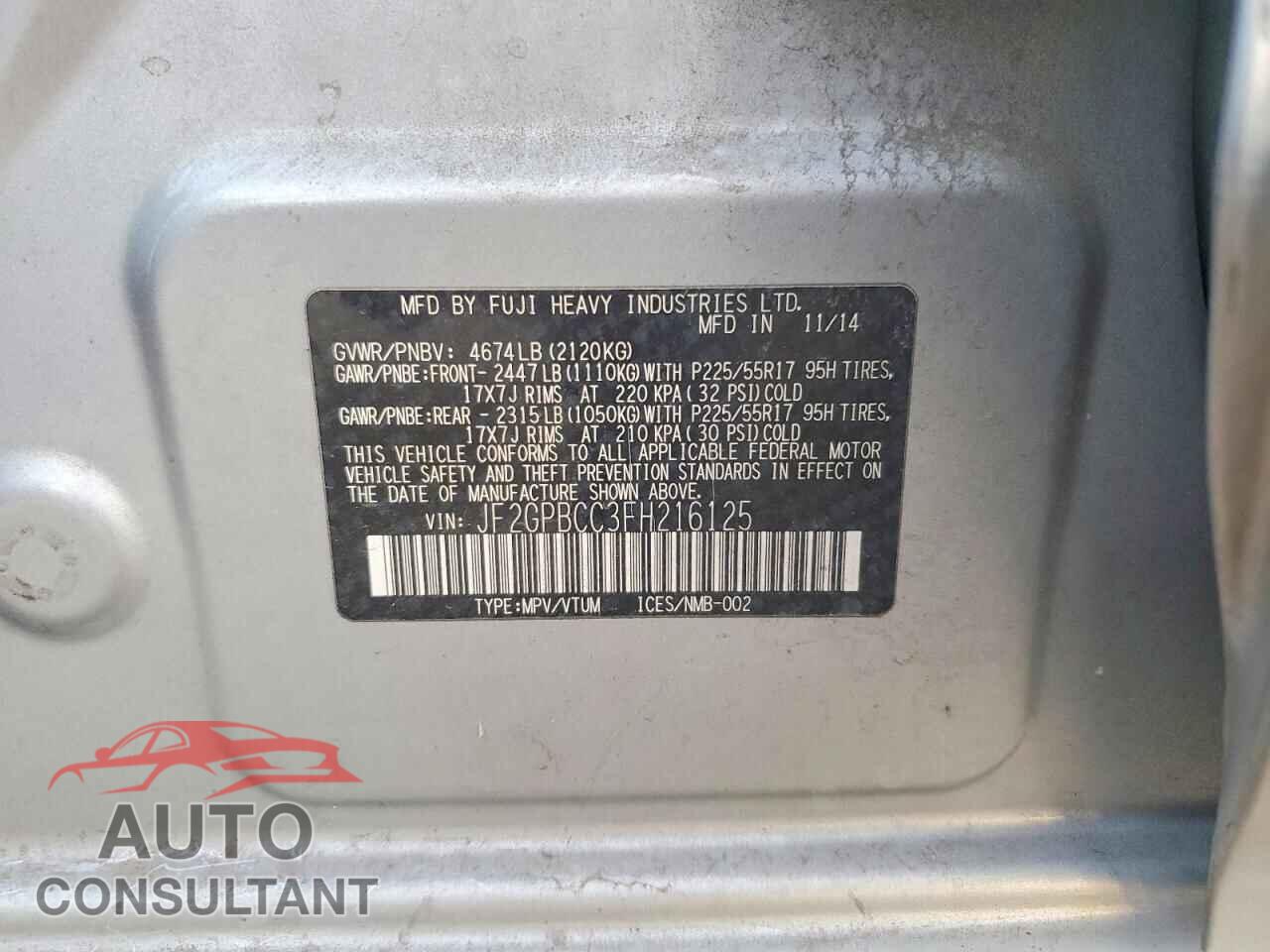 SUBARU XV 2015 - JF2GPBCC3FH216125