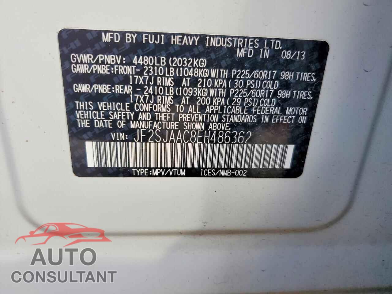 SUBARU FORESTER 2014 - JF2SJAAC8EH486362