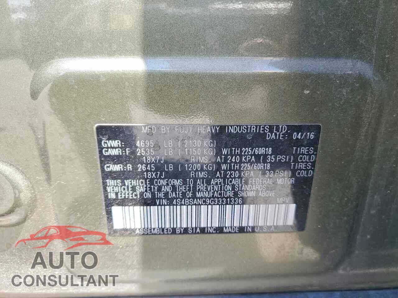 SUBARU OUTBACK 2016 - 4S4BSANC9G3331336