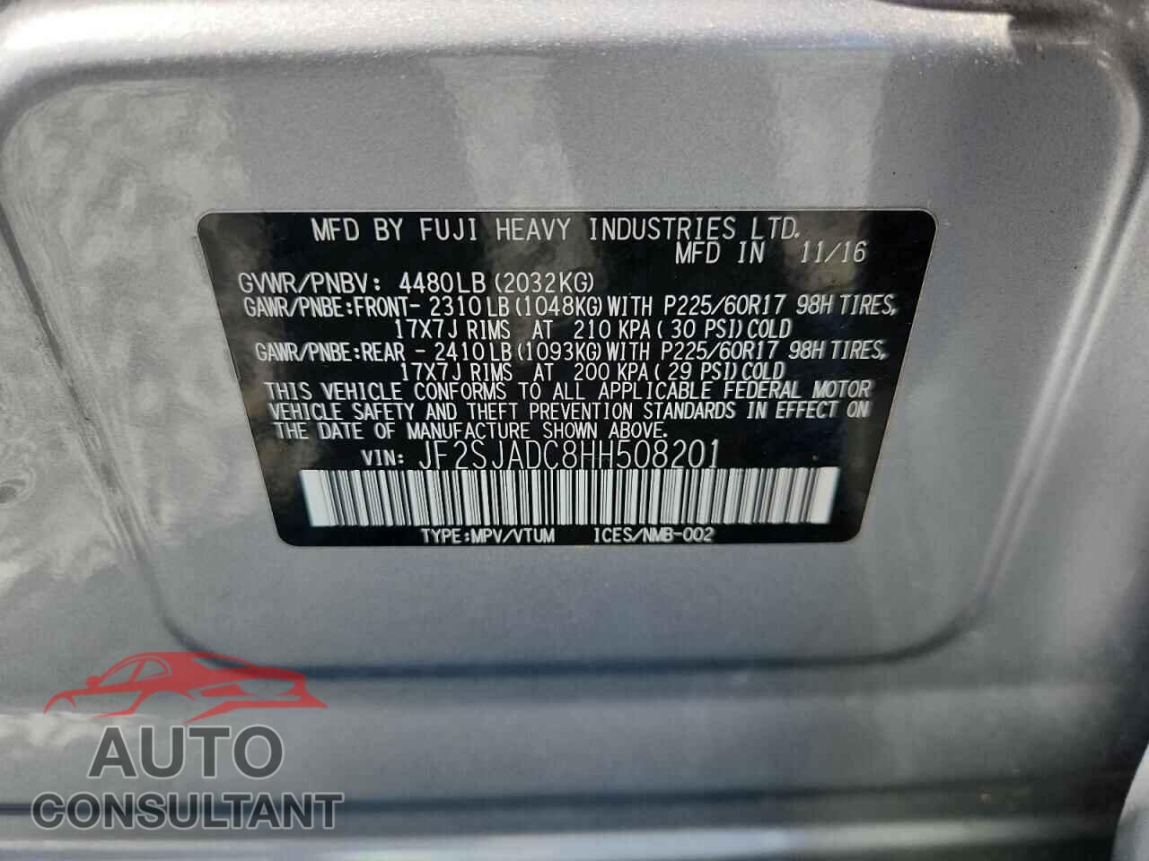SUBARU FORESTER 2017 - JF2SJADC8HH508201