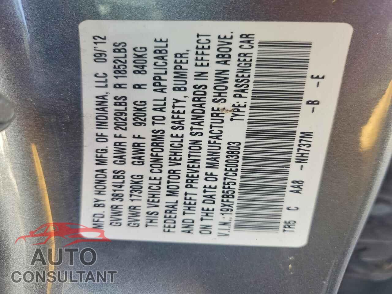 HONDA CIVIC 2012 - 19XFB5F57CE003803
