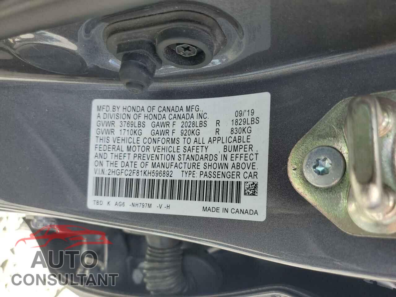 HONDA CIVIC 2019 - 2HGFC2F81KH596892