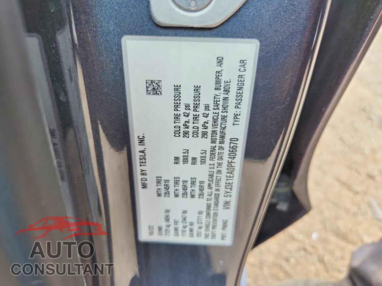 TESLA MODEL 3 2023 - 5YJ3E1EA0PF406670
