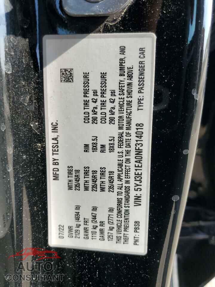 TESLA MODEL 3 2022 - 5YJ3E1EA0NF314018