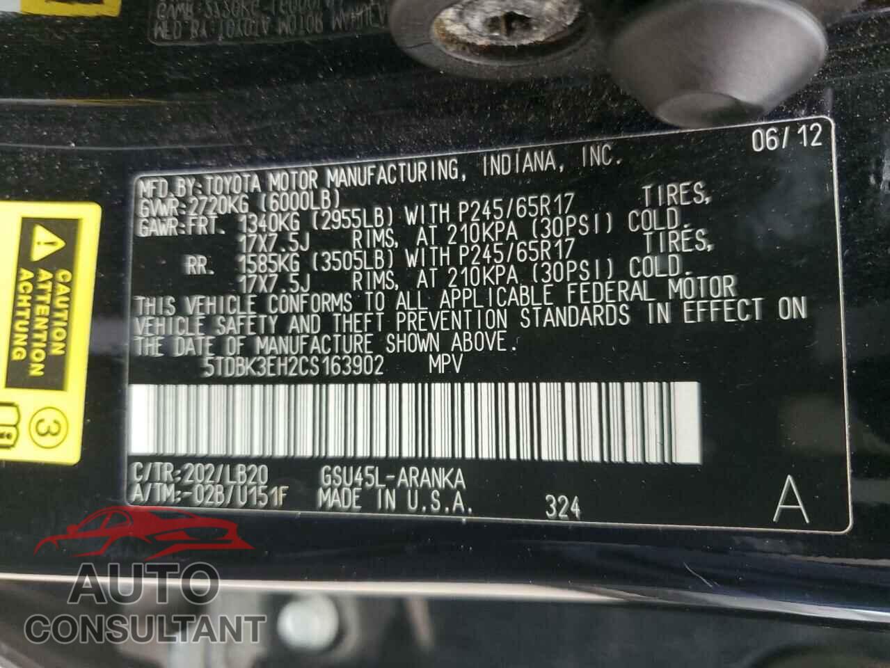 TOYOTA HIGHLANDER 2012 - 5TDBK3EH2CS163902