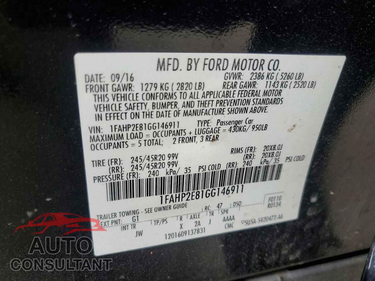 FORD TAURUS 2016 - 1FAHP2E81GG146911