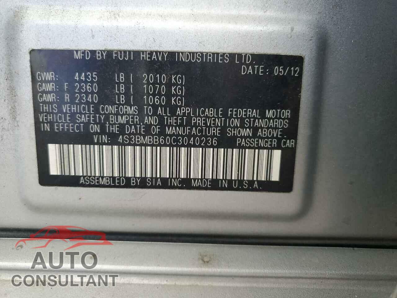 SUBARU LEGACY 2012 - 4S3BMBB60C3040236