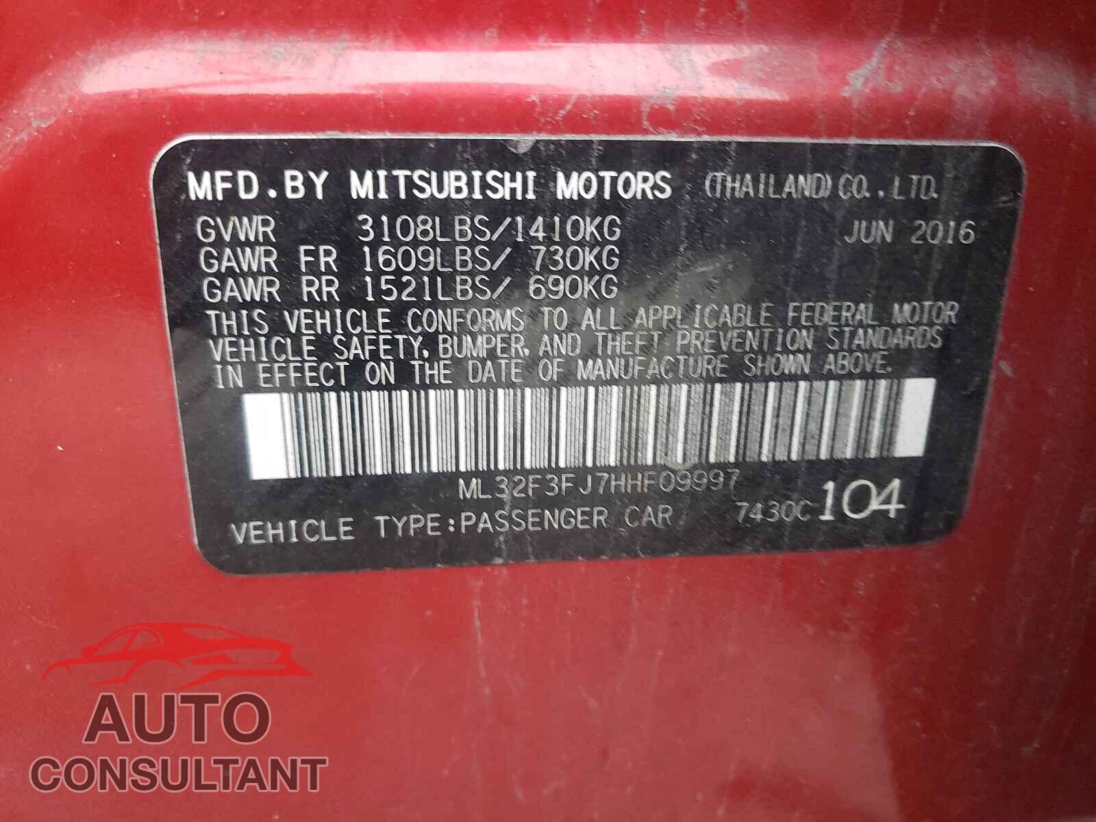MITSUBISHI MIRAGE 2017 - ML32F3FJ7HHF09997