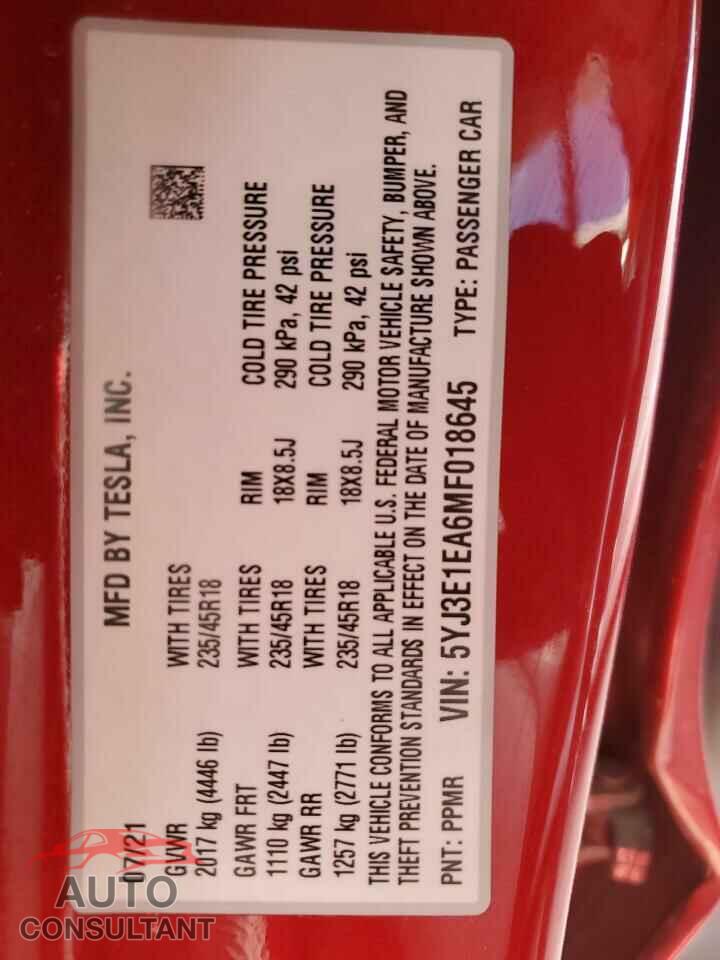 TESLA MODEL 3 2021 - 5YJ3E1EA6MF018645