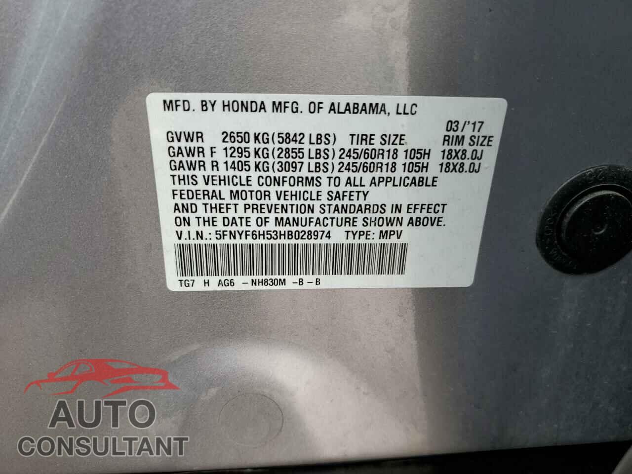 HONDA PILOT 2017 - 5FNYF6H53HB028974