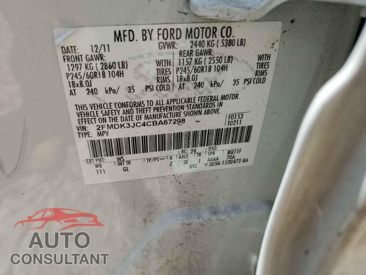 FORD EDGE 2012 - 2FMDK3JC4CBA67298