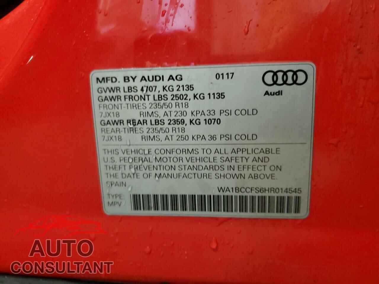 AUDI Q3 2017 - WA1BCCFS6HR014545