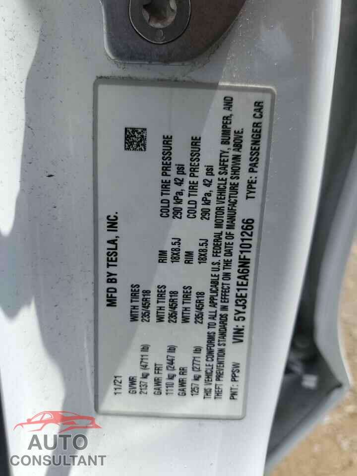 TESLA MODEL 3 2022 - 5YJ3E1EA6NF101266