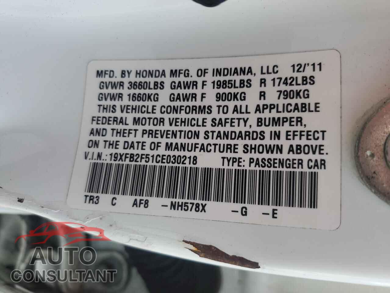 HONDA CIVIC 2012 - 19XFB2F51CE030218