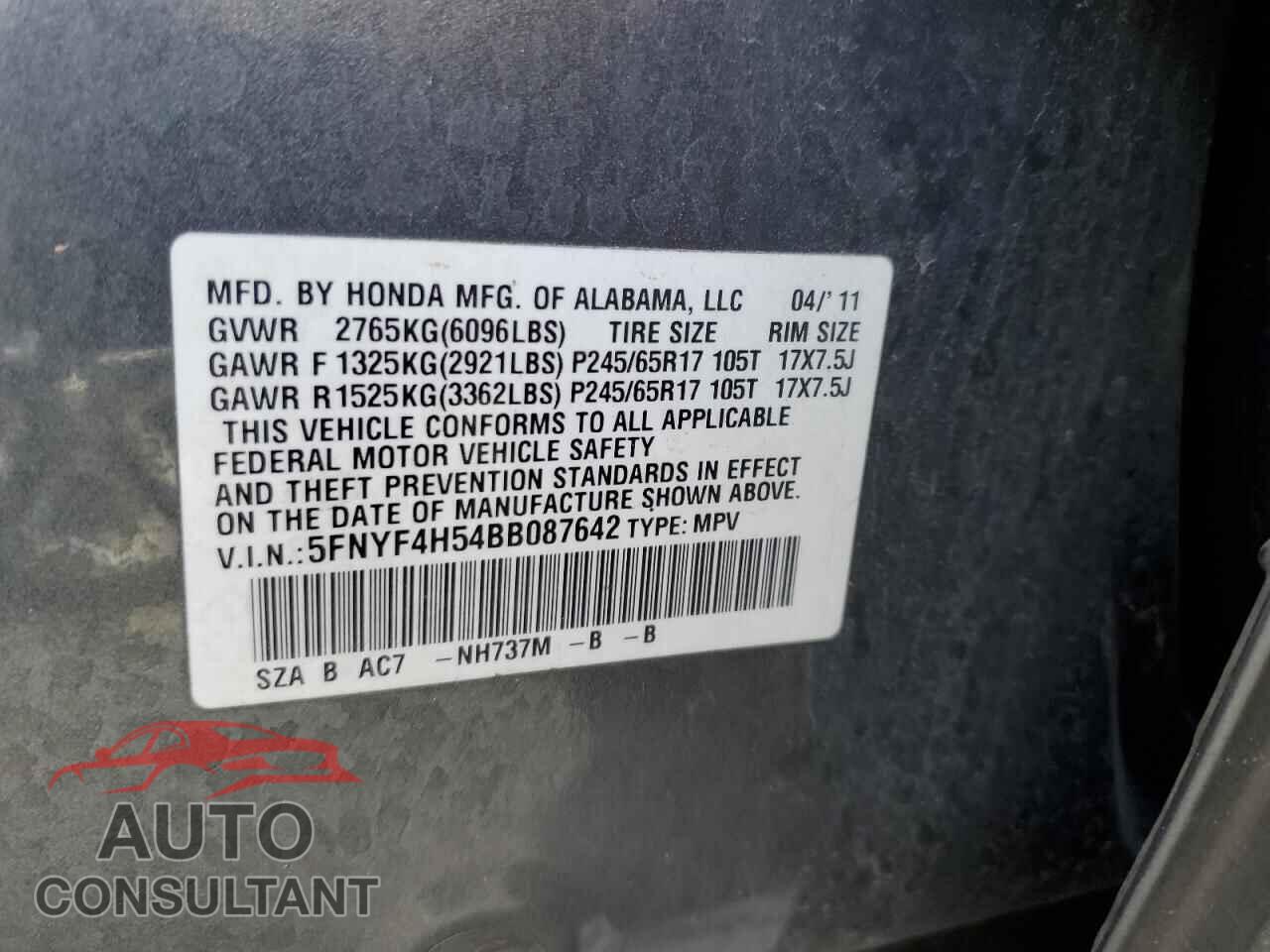 HONDA PILOT 2011 - 5FNYF4H54BB087642
