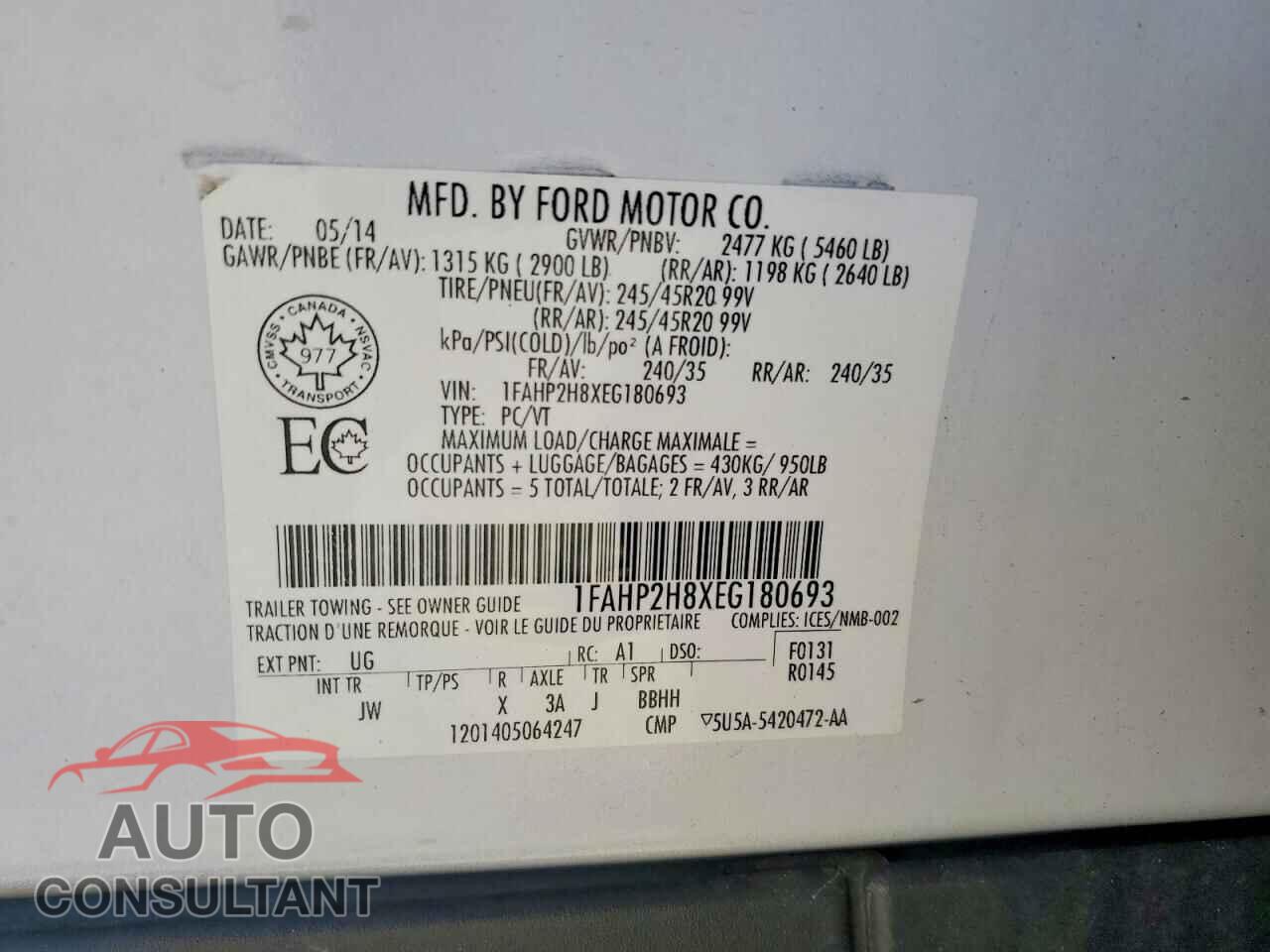 FORD TAURUS 2014 - 1FAHP2H8XEG180693