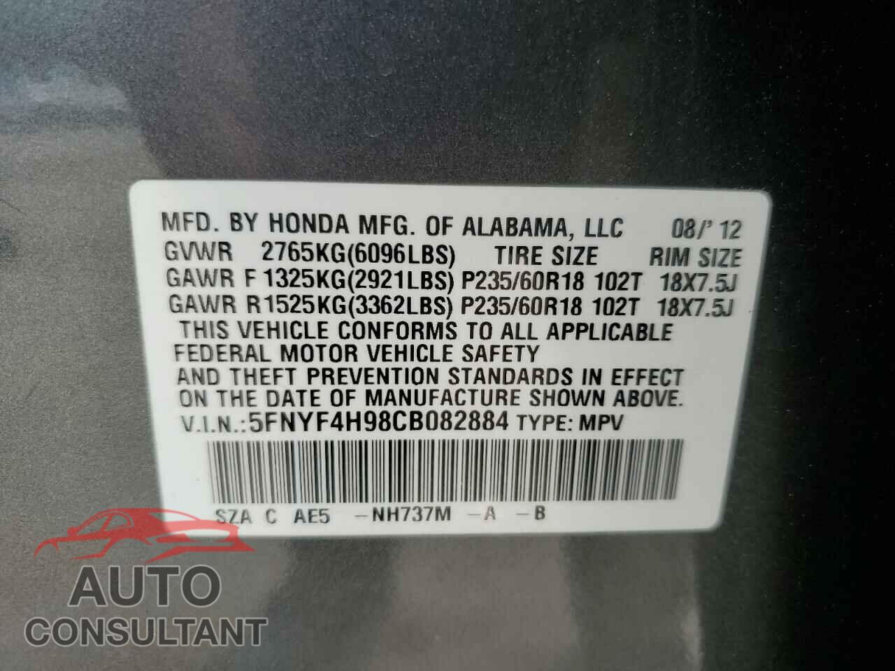 HONDA PILOT 2012 - 5FNYF4H98CB082884