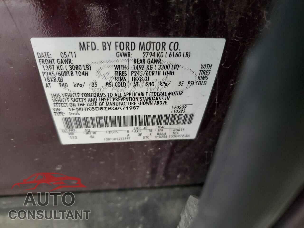 FORD EXPLORER 2011 - 1FMHK8D87BGA71987