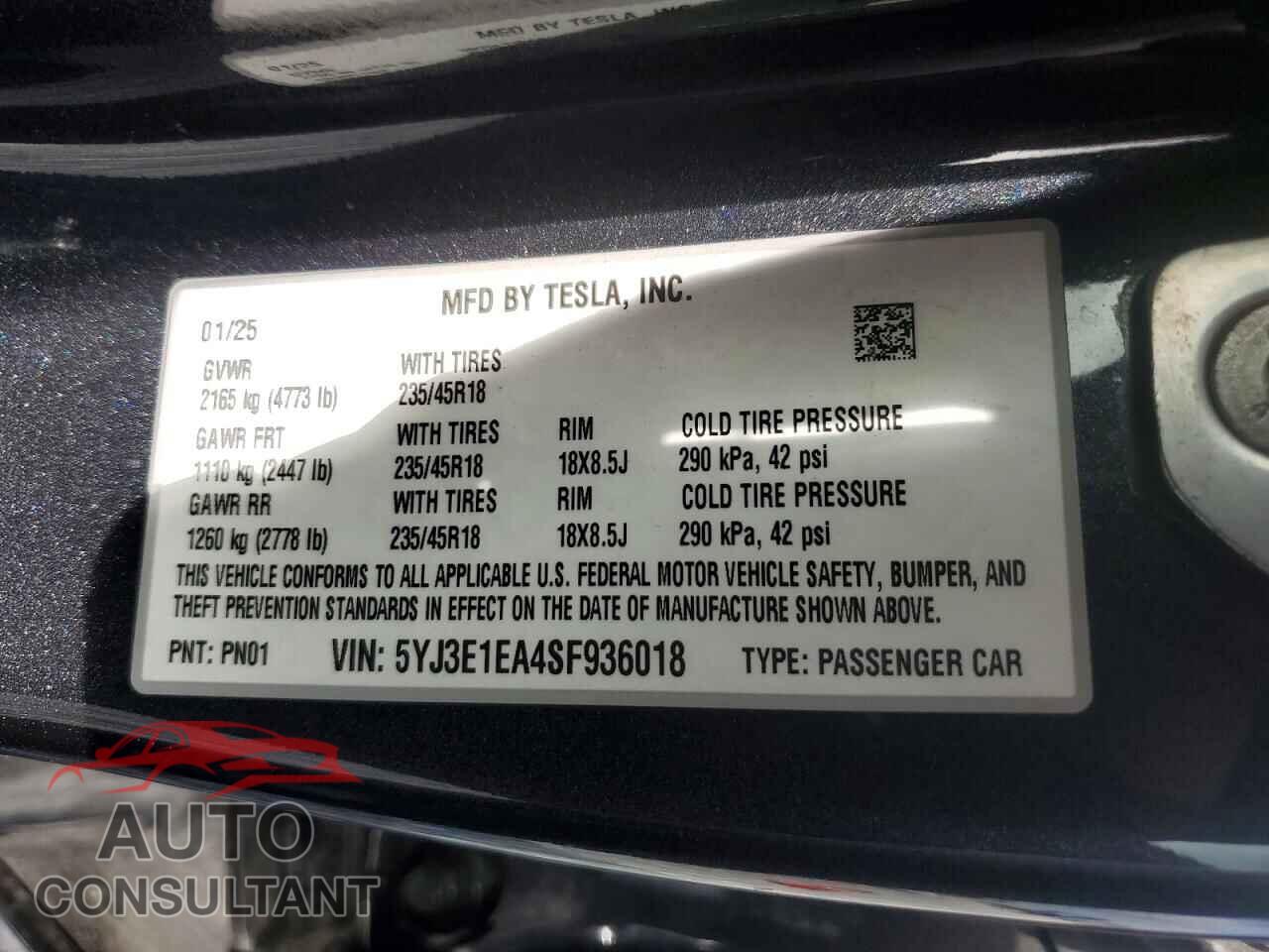 TESLA MODEL 3 2025 - 5YJ3E1EA4SF936018