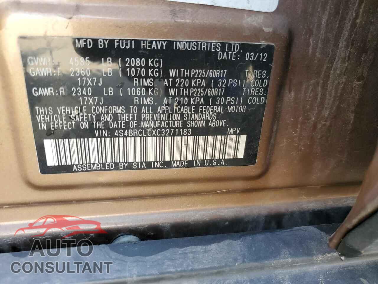 SUBARU OUTBACK 2012 - 4S4BRCLCXC3271183