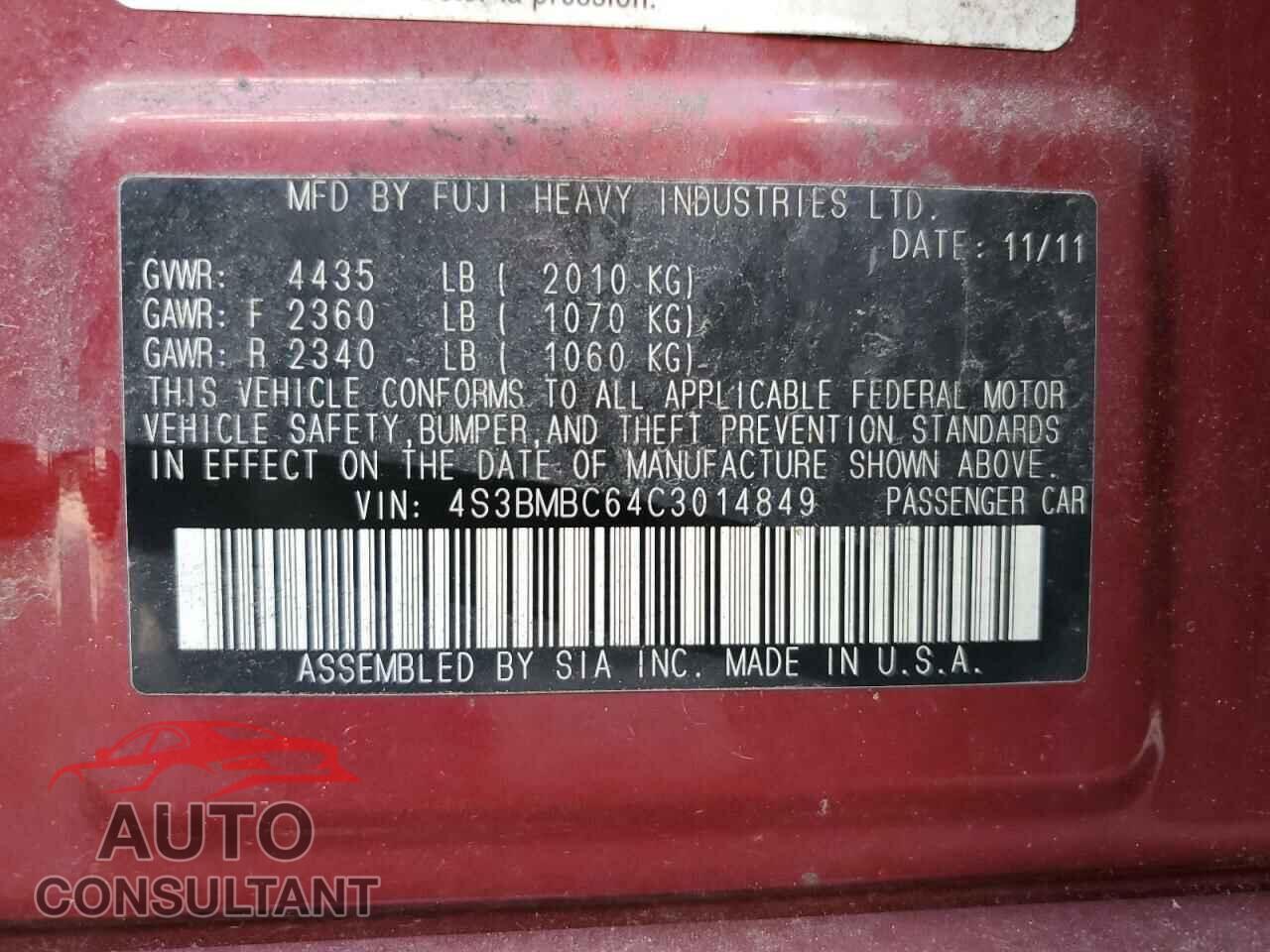 SUBARU LEGACY 2012 - 4S3BMBC64C3014849