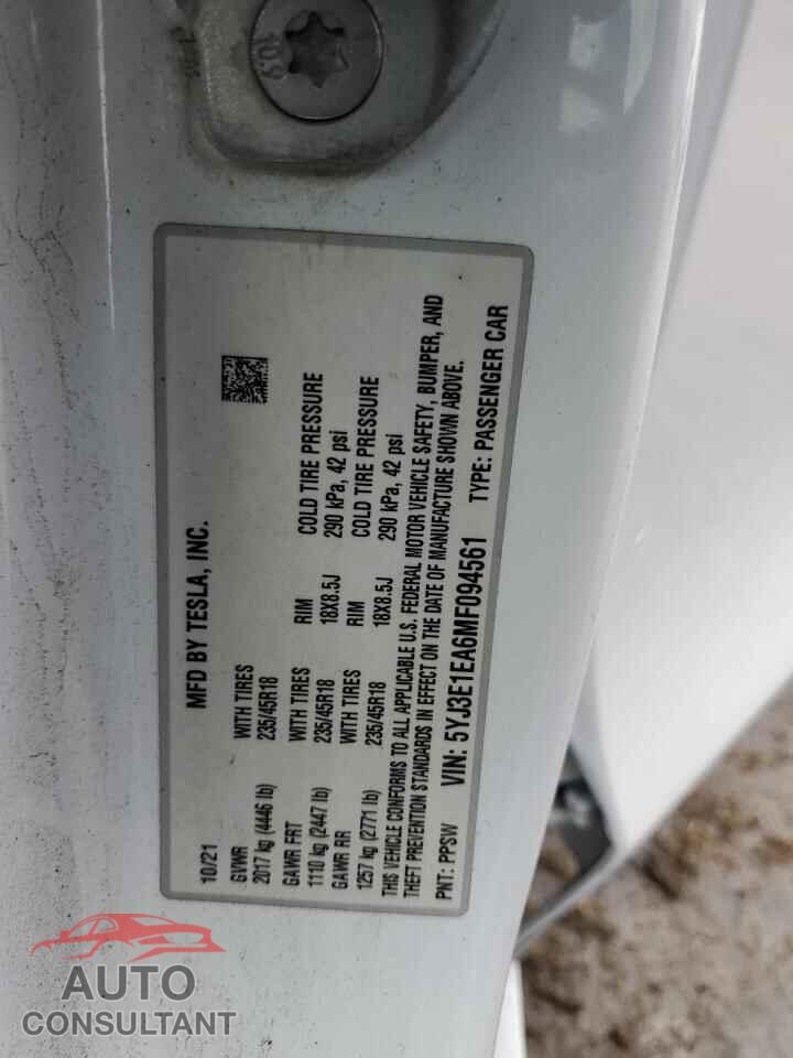 TESLA MODEL 3 2021 - 5YJ3E1EA6MF094561