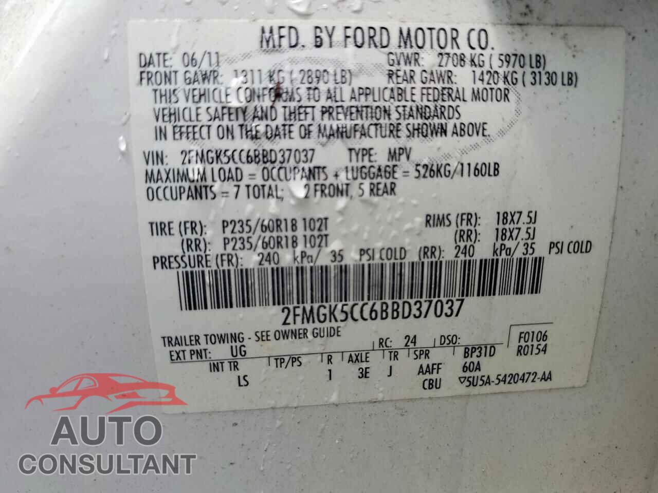FORD FLEX 2011 - 2FMGK5CC6BBD37037