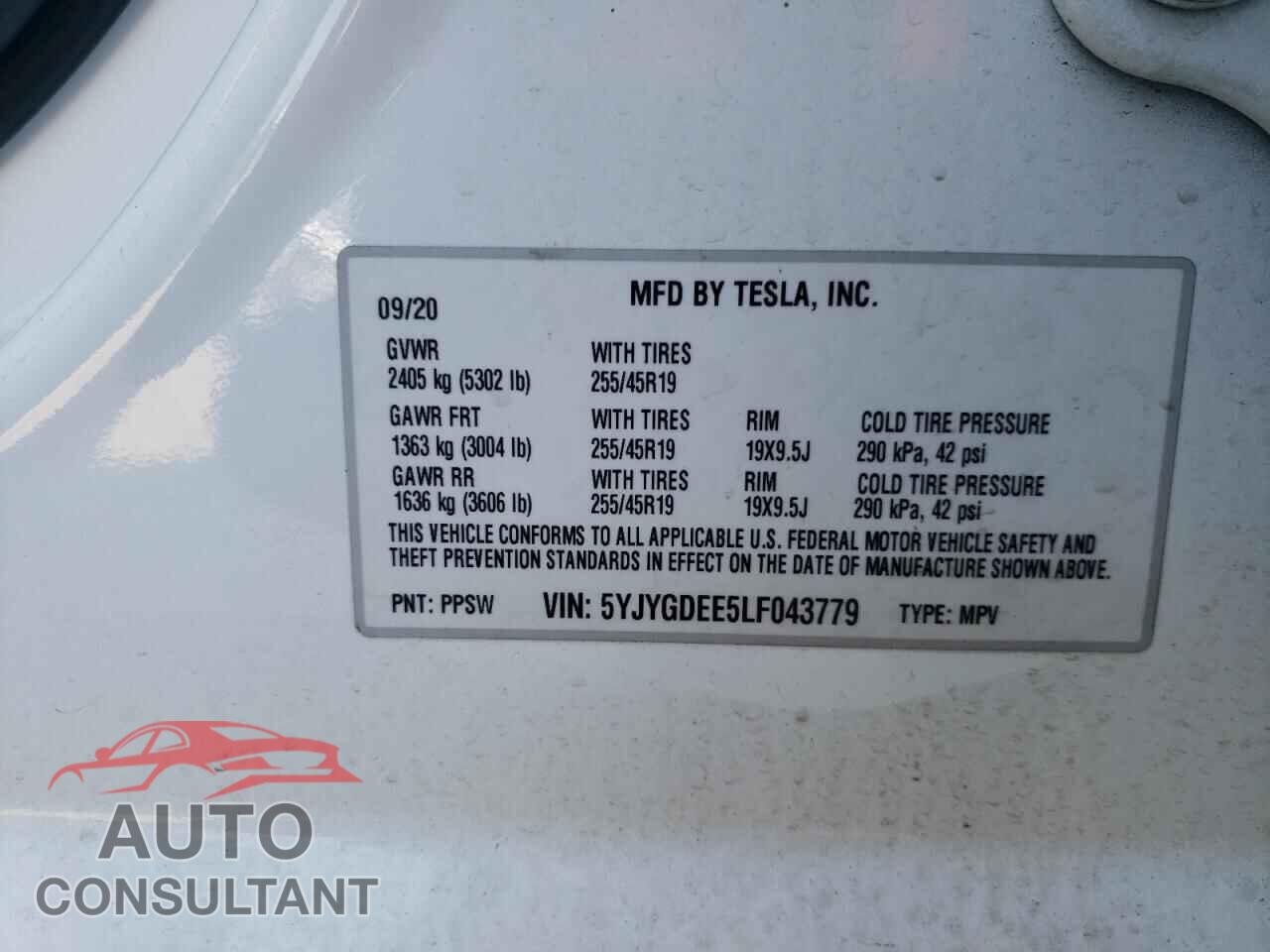 TESLA MODEL Y 2020 - 5YJYGDEE5LF043779
