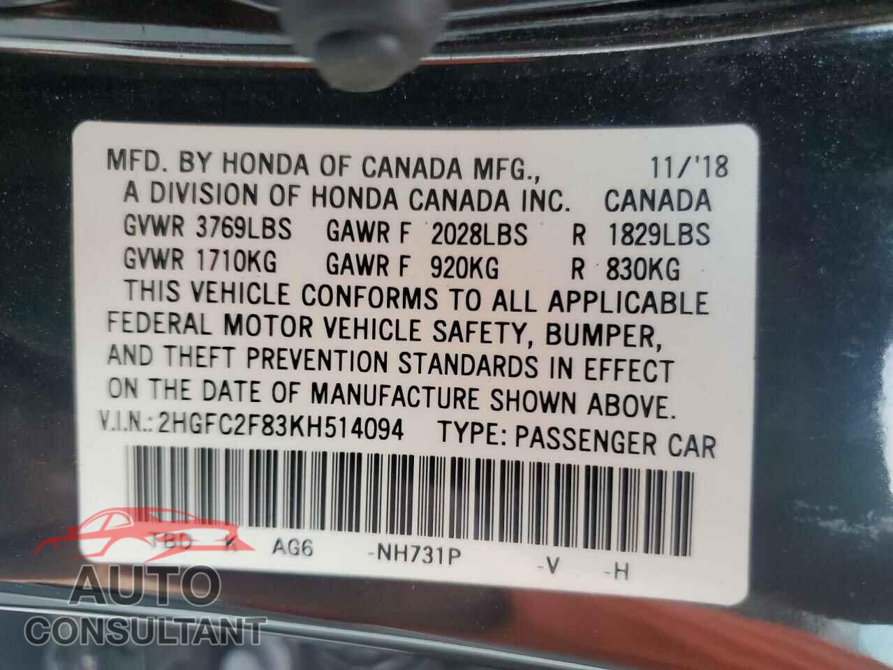 HONDA CIVIC 2019 - 2HGFC2F83KH514094