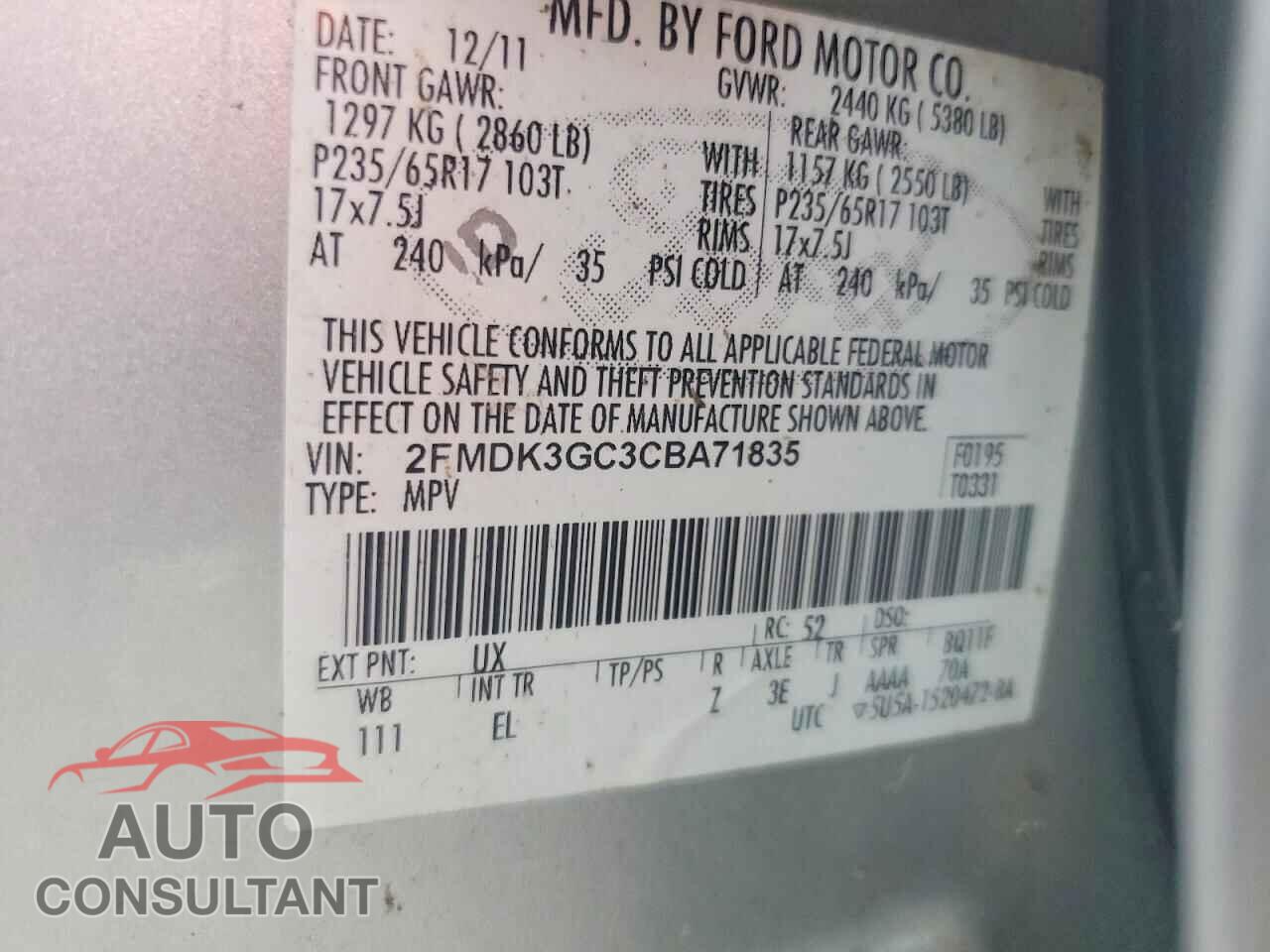 FORD EDGE 2012 - 2FMDK3GC3CBA71835