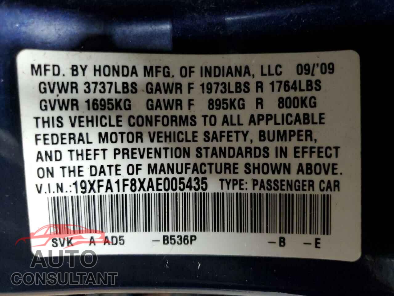 HONDA CIVIC 2010 - 19XFA1F8XAE005435