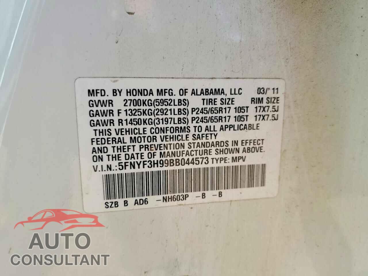HONDA PILOT 2011 - 5FNYF3H99BB044573
