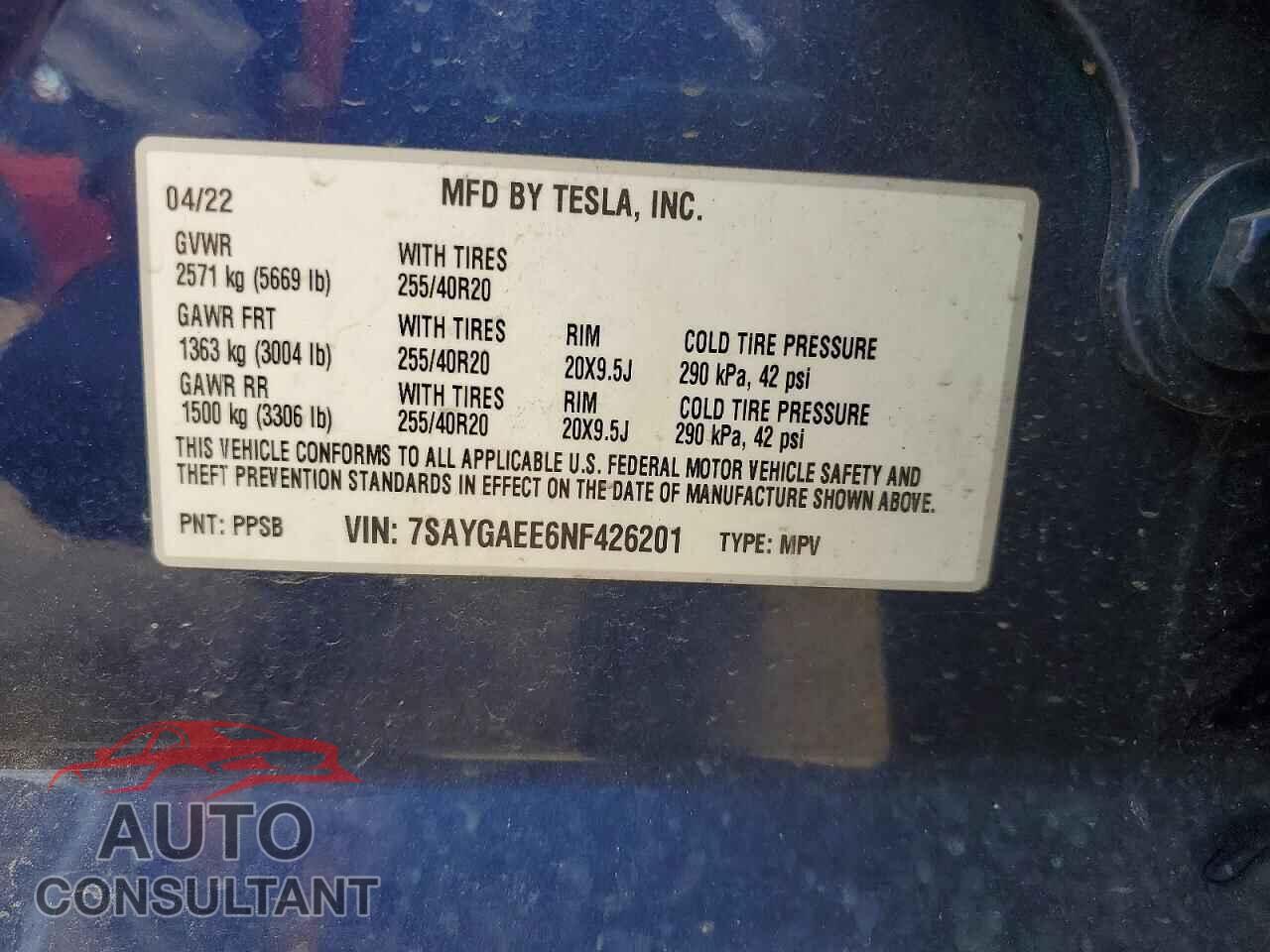 TESLA MODEL Y 2022 - 7SAYGAEE6NF426201