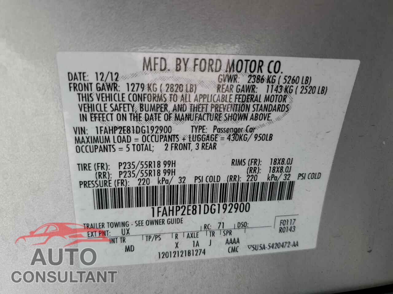 FORD TAURUS 2013 - 1FAHP2E81DG192900