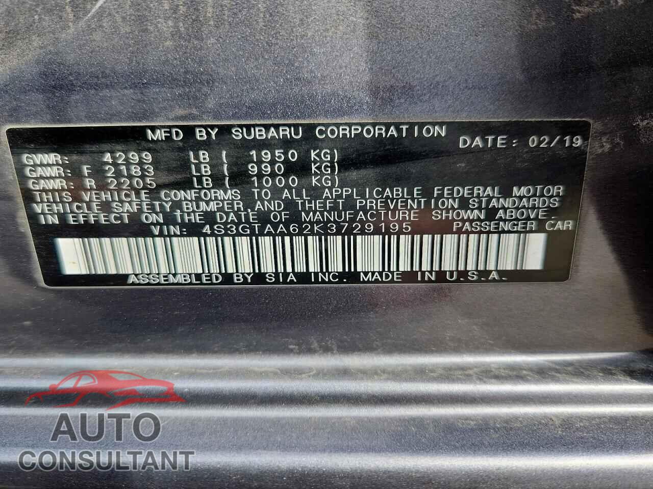 SUBARU IMPREZA 2019 - 4S3GTAA62K3729195