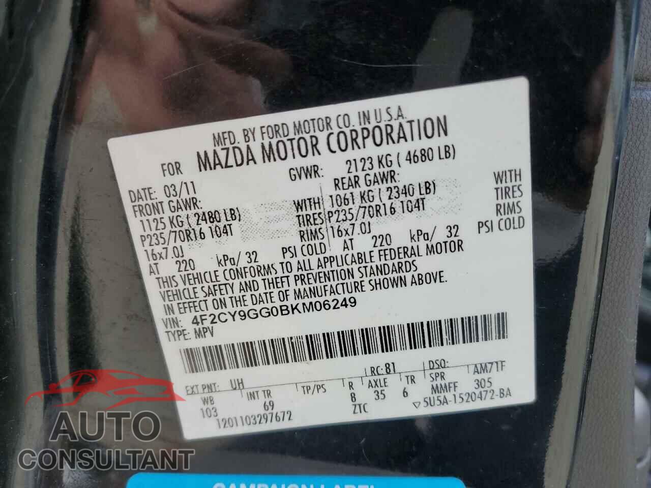 MAZDA TRIBUTE 2011 - 4F2CY9GG0BKM06249