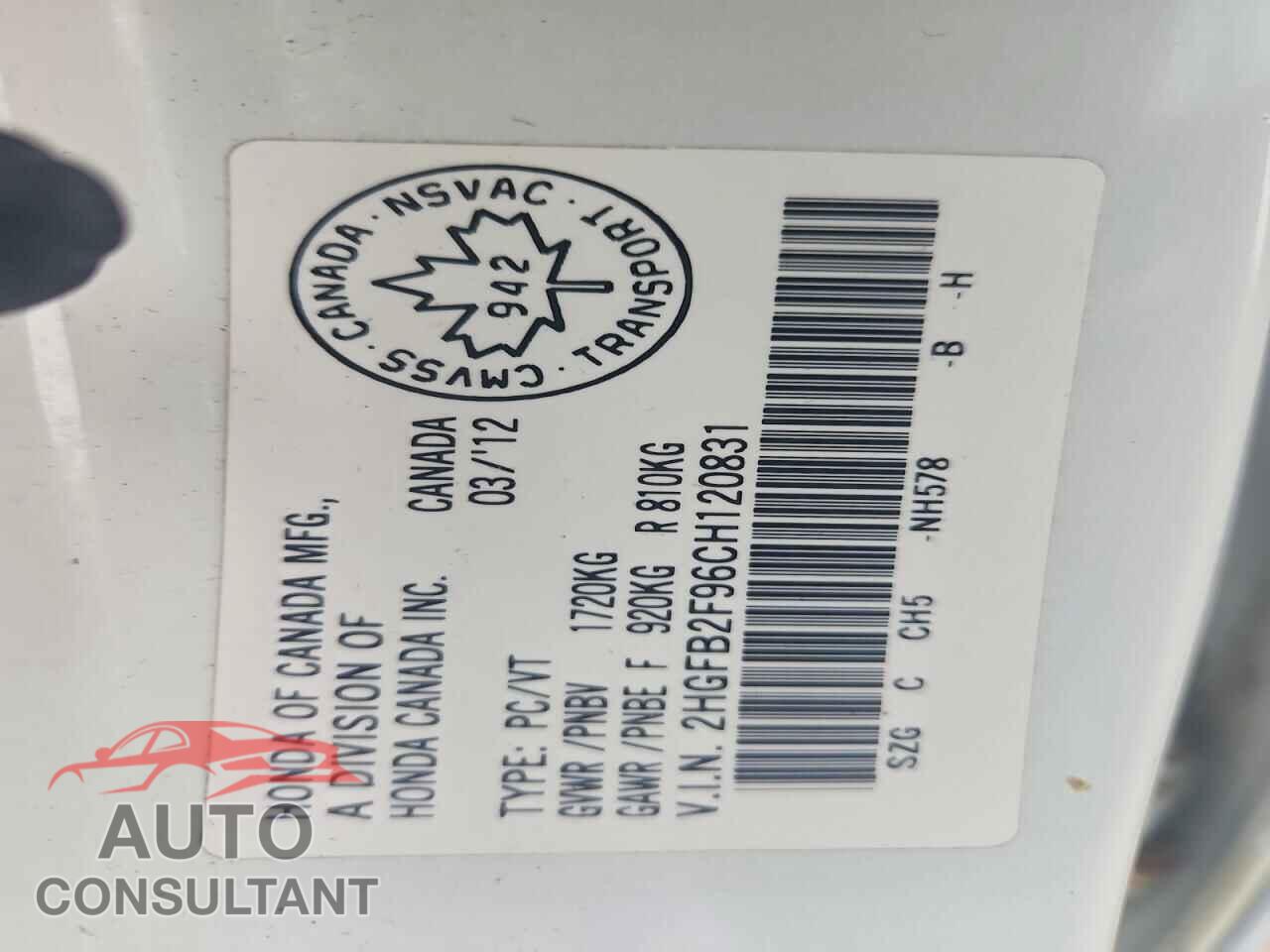 HONDA CIVIC 2012 - 2HGFB2F96CH120831