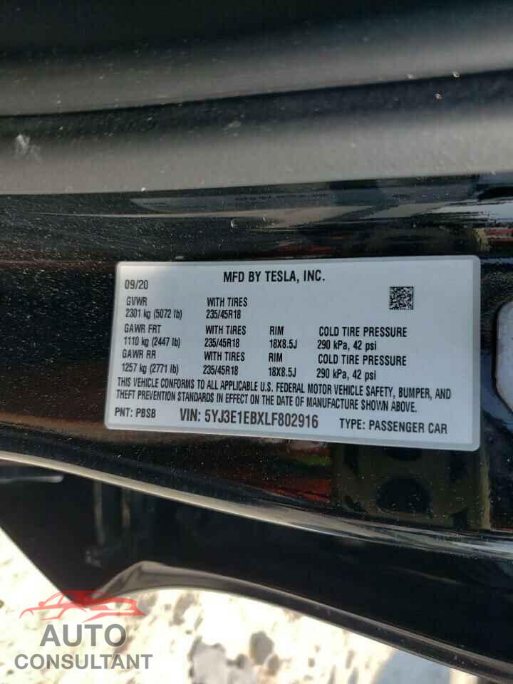 TESLA MODEL 3 2020 - 5YJ3E1EBXLF802916