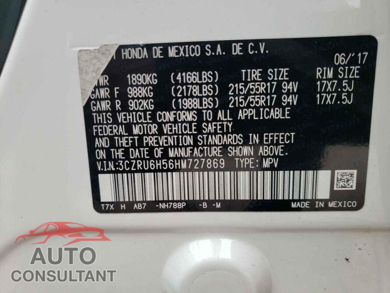 HONDA HR-V 2017 - 3CZRU6H56HM727869