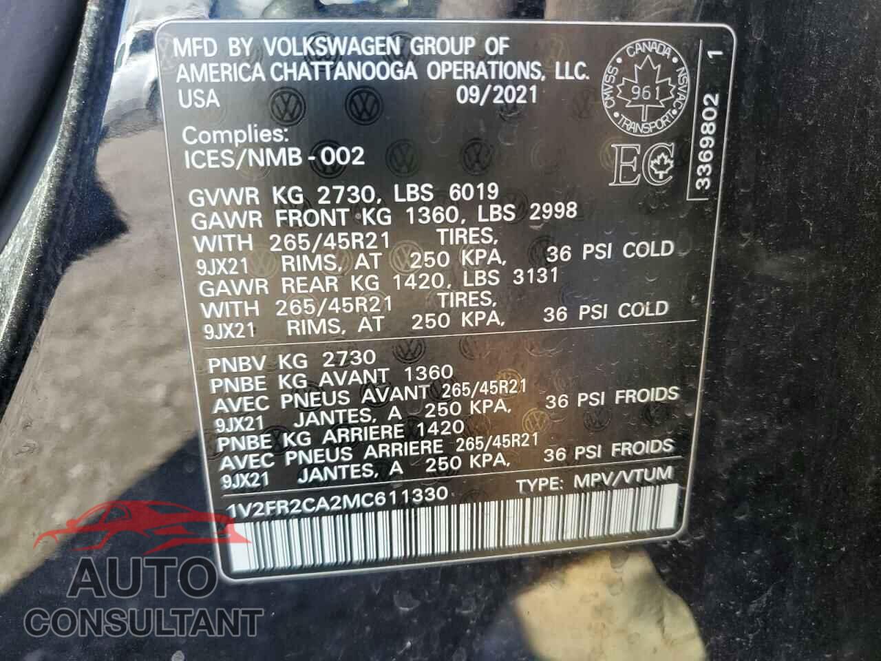 VOLKSWAGEN ATLAS 2021 - 1V2FR2CA2MC611330