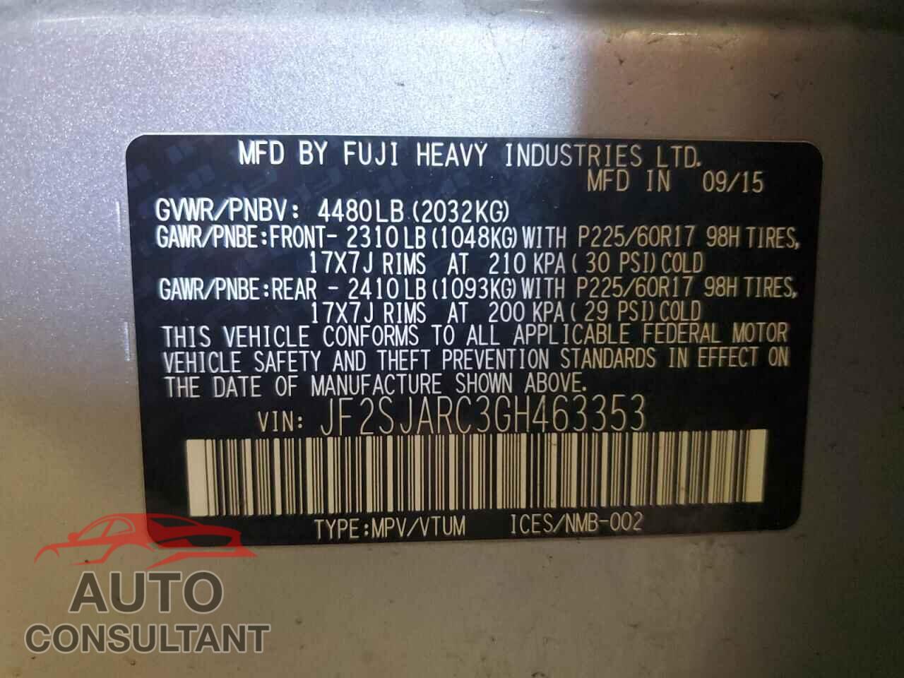 SUBARU FORESTER 2016 - JF2SJARC3GH463353