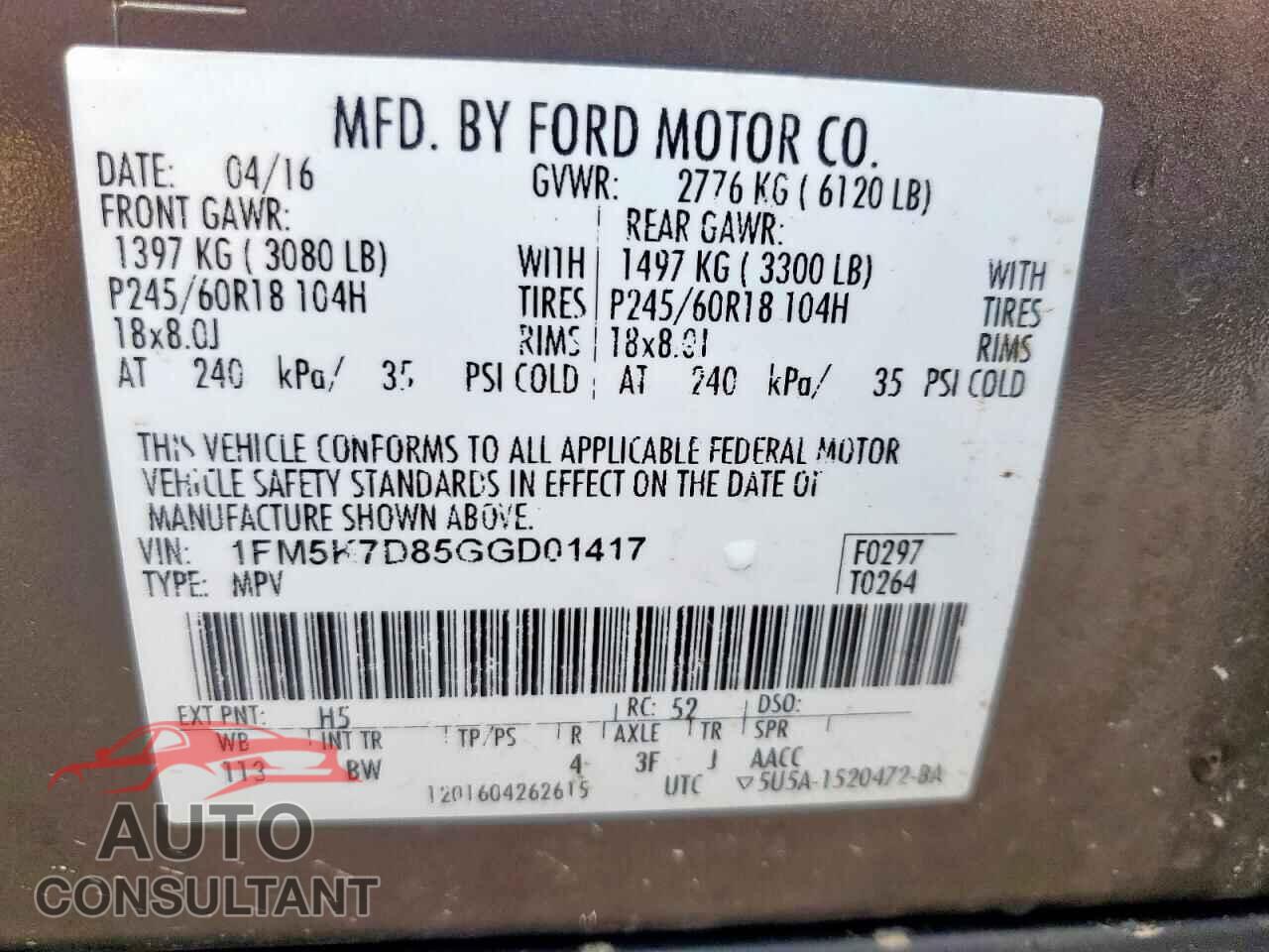 FORD EXPLORER 2016 - 1FM5K7D85GGD01417
