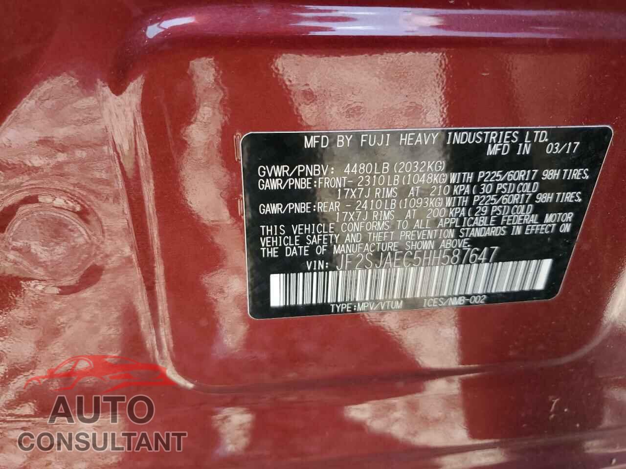 SUBARU FORESTER 2017 - JF2SJAEC5HH587647