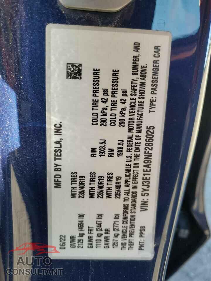 TESLA MODEL 3 2022 - 5YJ3E1EA9NF286025