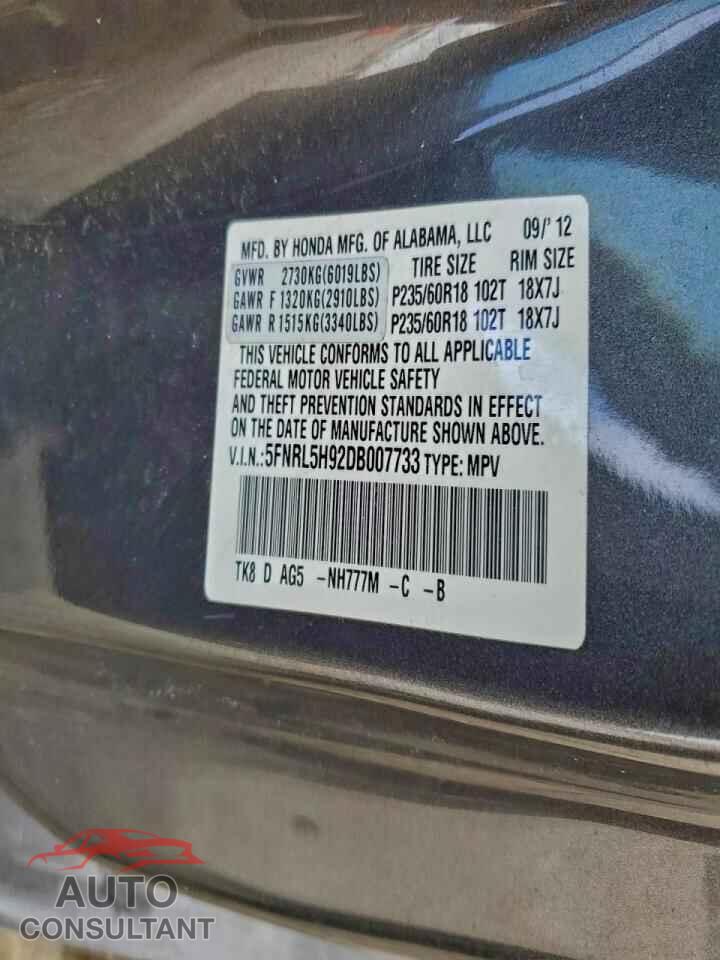 HONDA ODYSSEY 2013 - 5FNRL5H92DB007733