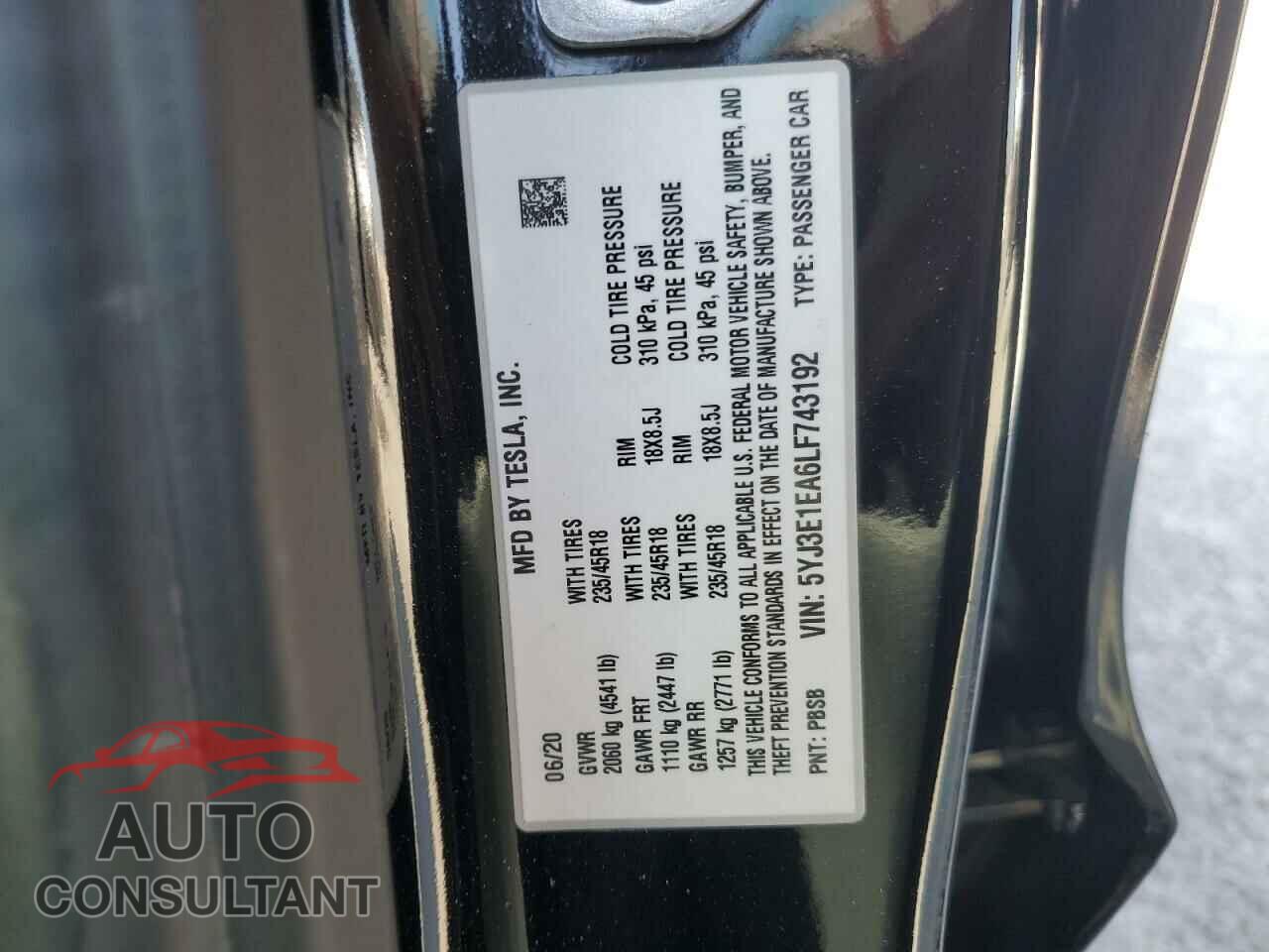 TESLA MODEL 3 2020 - 5YJ3E1EA6LF743192
