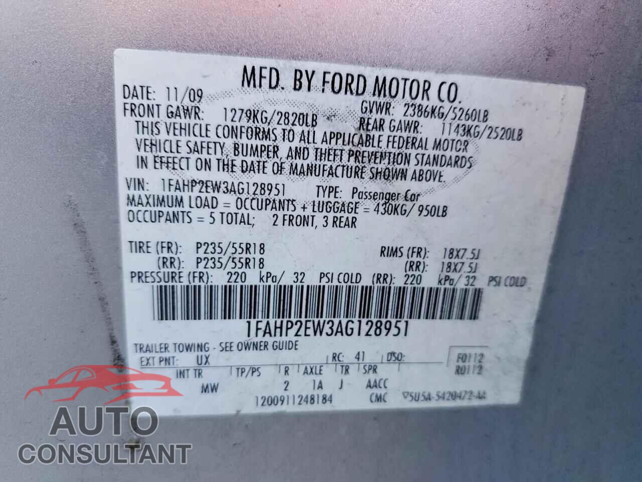 FORD TAURUS 2010 - 1FAHP2EW3AG128951