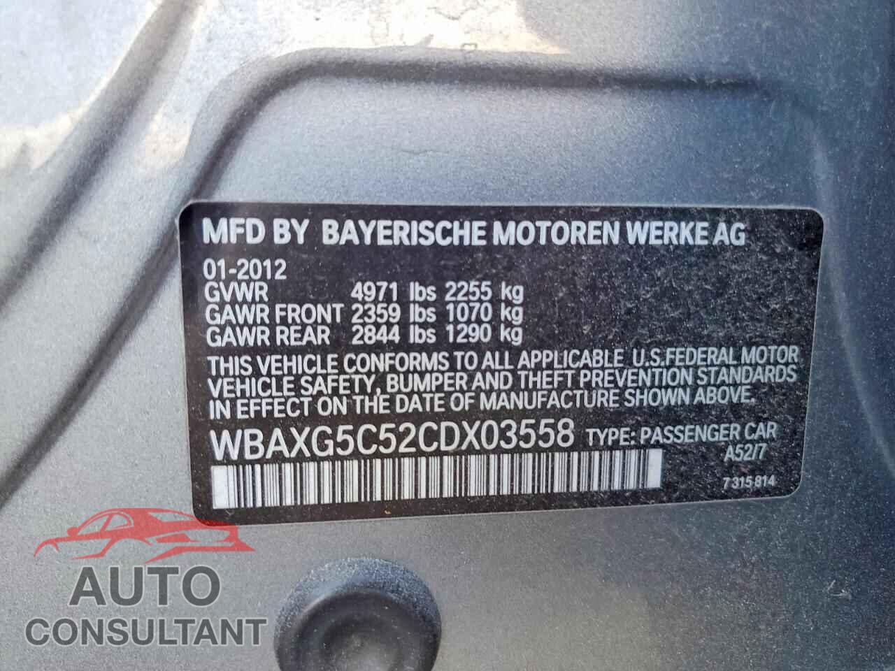 BMW 5 SERIES 2012 - WBAXG5C52CDX03558