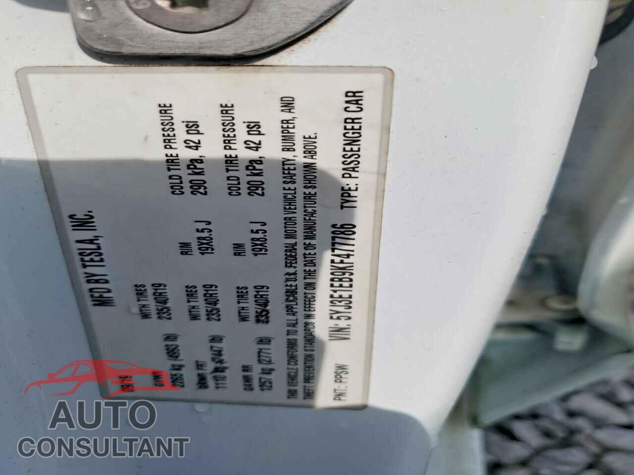 TESLA MODEL 3 2019 - 5YJ3E1EB9KF477786